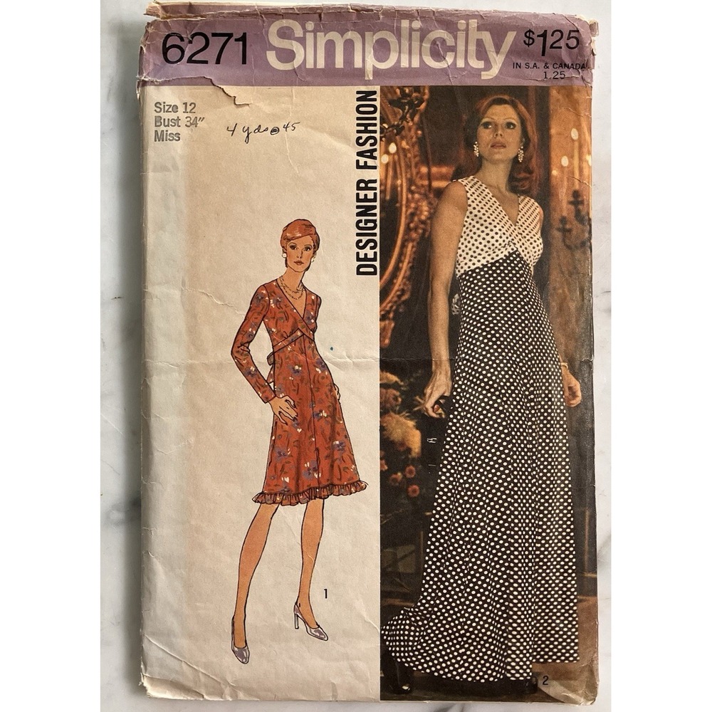 1974 SIMPLICITY Pattern 6271 Designer Fashion Misses 2‎ Length DRESS Size 12 Cut